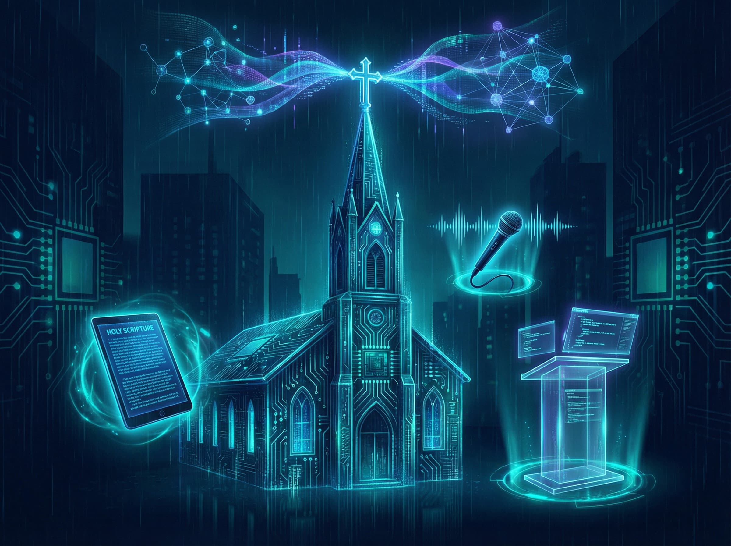 Ministry-first AI tools — a glowing church building merged with AI circuit patterns